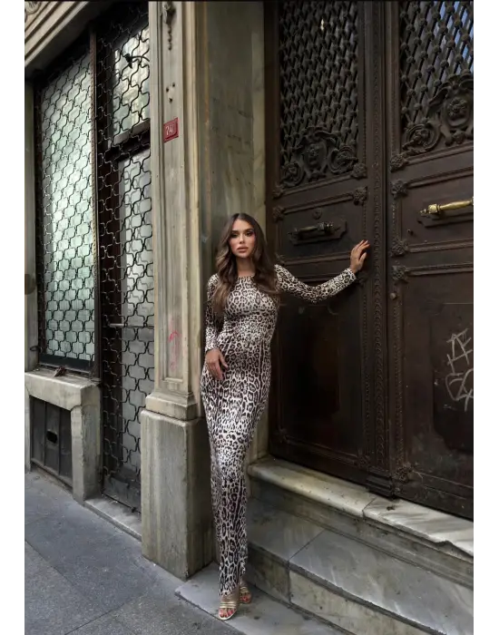 Uzun Leopar Desenli Elbise