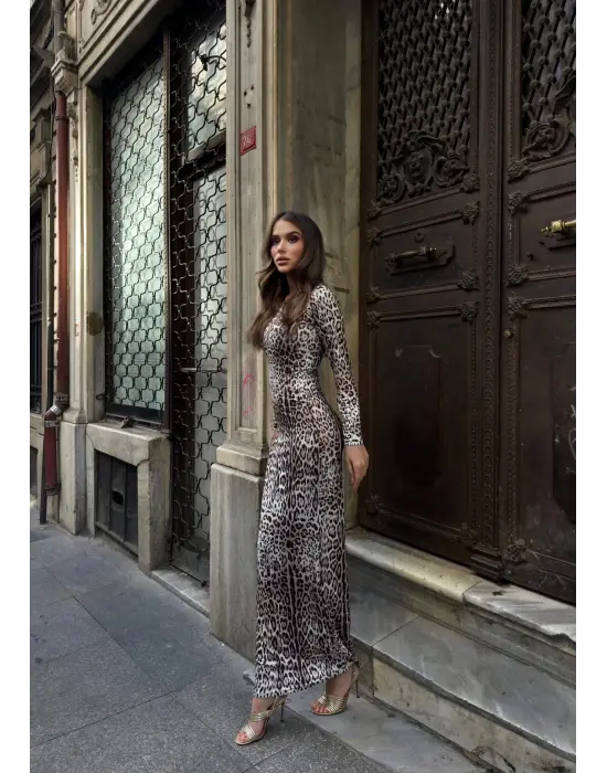 Uzun Leopar Desenli Elbise