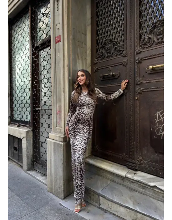 Uzun Leopar Desenli Elbise