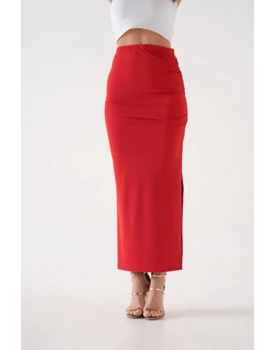 Uzun Yırtmaçlı İnce Kumaş Etek Kırmızı