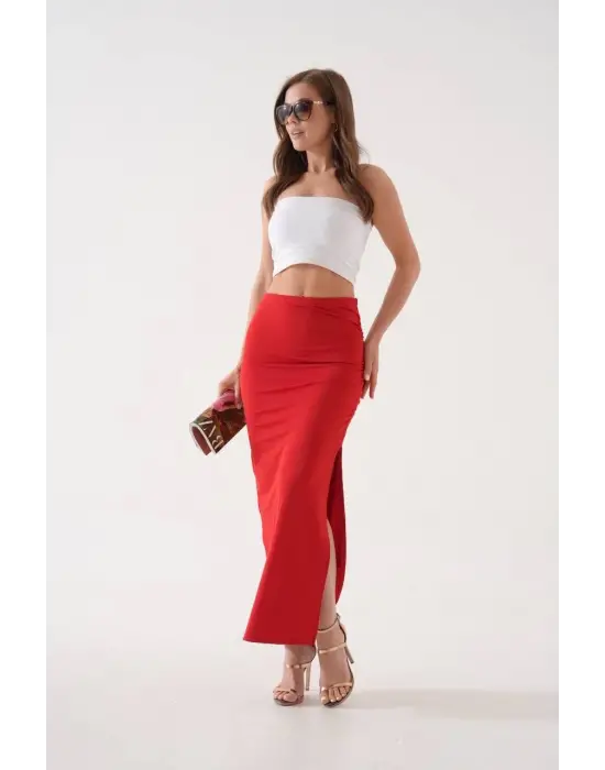 Uzun Yırtmaçlı İnce Kumaş Etek Kırmızı