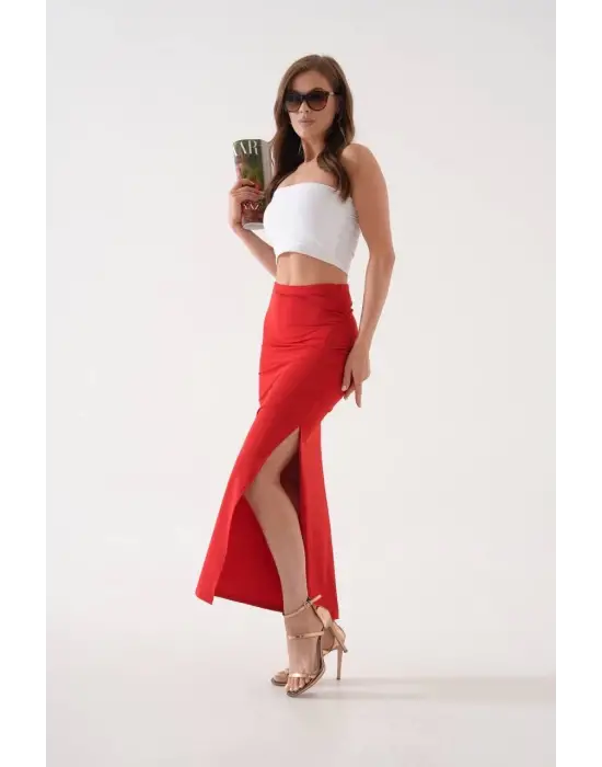 Uzun Yırtmaçlı İnce Kumaş Etek Kırmızı