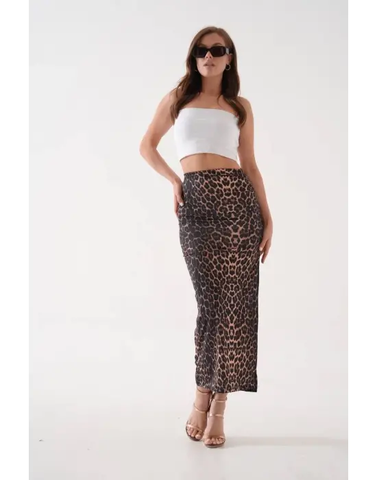 Uzun Yırtmaçlı İnce Kumaş Etek Leopar