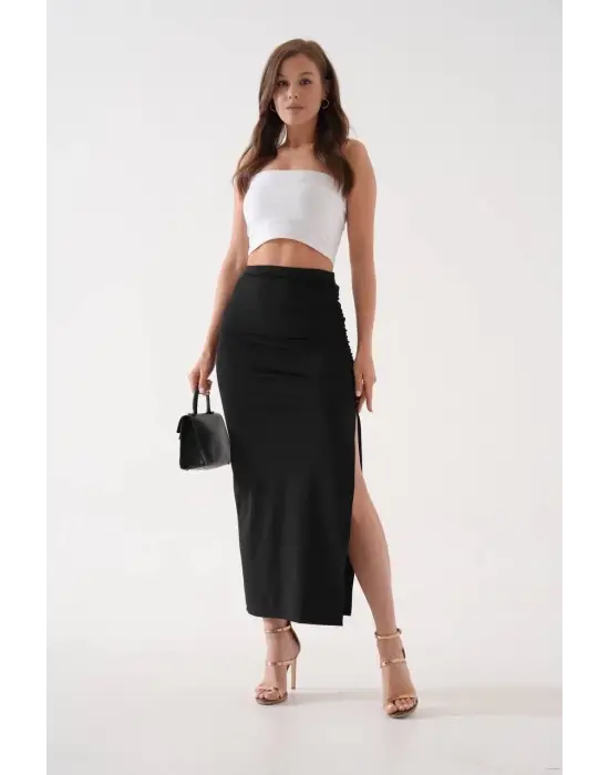Uzun Yırtmaçlı İnce Kumaş Etek Siyah