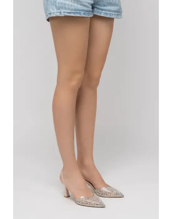 Bej Günlük Arkası Açık Taşlı Topuklu Bayan Ayakkabı