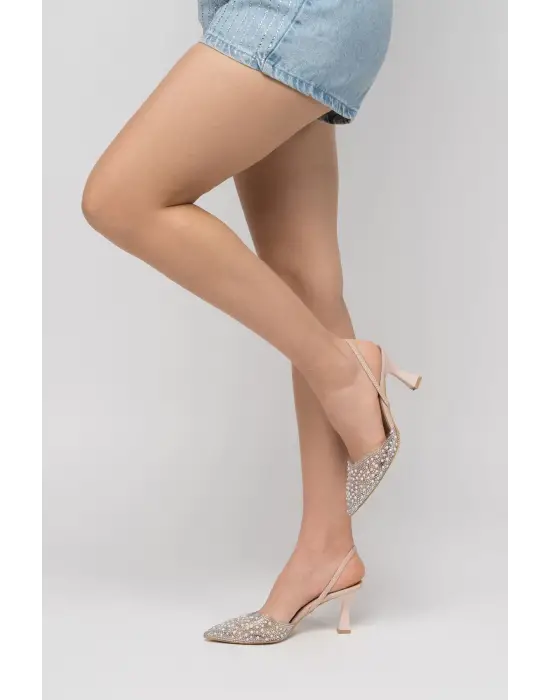 Bej Günlük Arkası Açık Taşlı Topuklu Bayan Ayakkabı