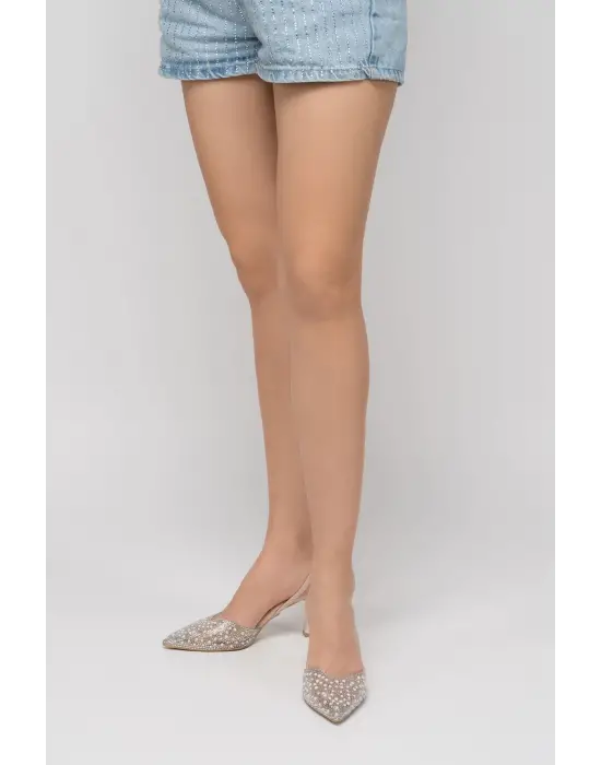 Bej Günlük Arkası Açık Taşlı Topuklu Bayan Ayakkabı