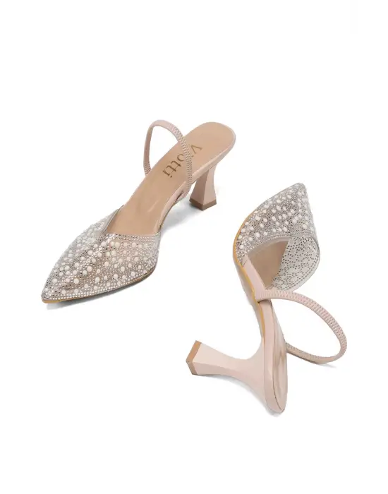 Bej Günlük Arkası Açık Taşlı Topuklu Bayan Ayakkabı