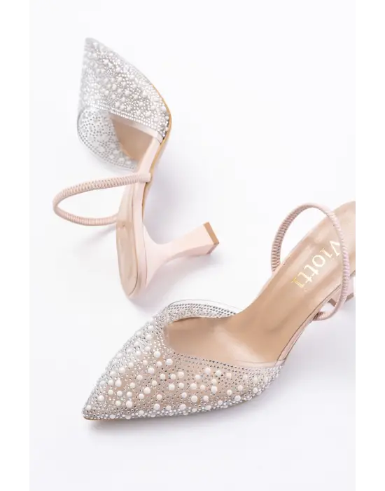 Bej Günlük Arkası Açık Taşlı Topuklu Bayan Ayakkabı