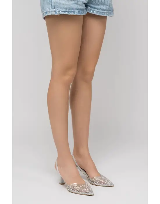 Gümüş Günlük Arkası Açık Taşlı Topuklu Bayan Ayakkabı