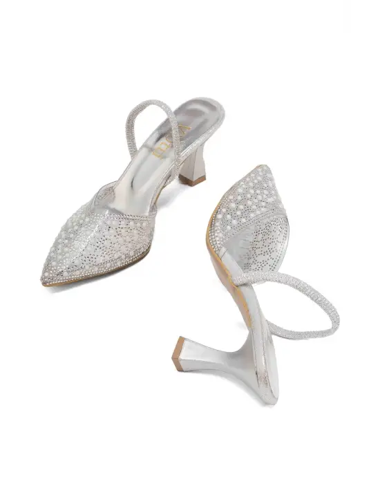Gümüş Günlük Arkası Açık Taşlı Topuklu Bayan Ayakkabı