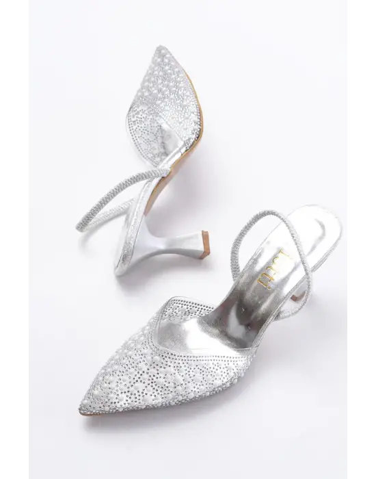 Gümüş Günlük Arkası Açık Taşlı Topuklu Bayan Ayakkabı