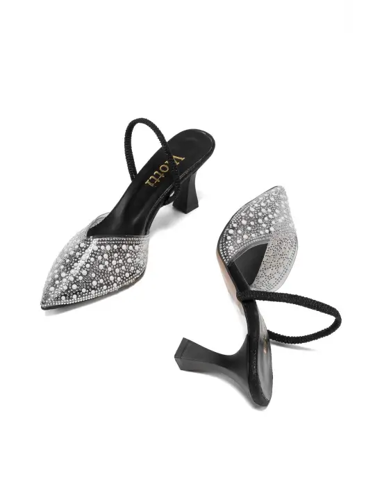 Siyah Günlük Arkası Açık Taşlı Topuklu Bayan Ayakkabı