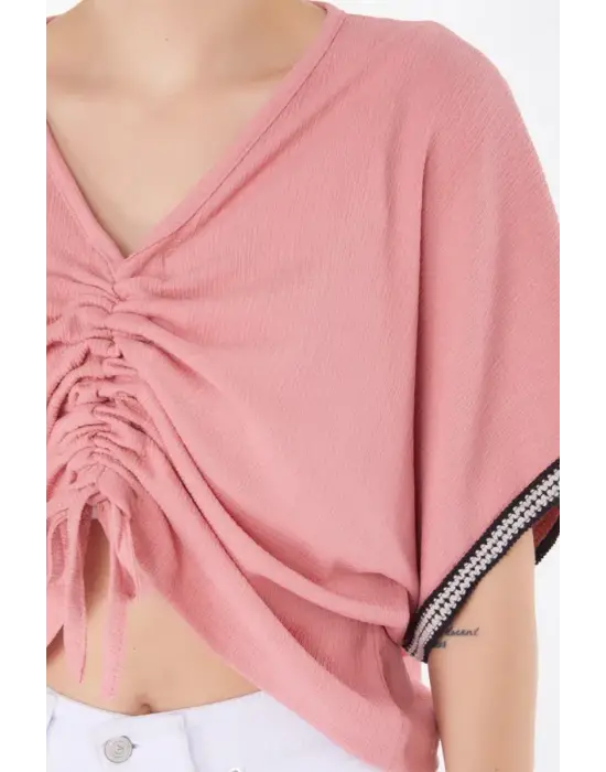 V Yaka Büzgülü Detaylı Bluz