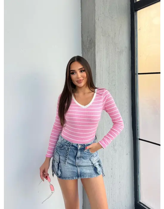 V Yaka Çizgili Bluz Pembe A3699