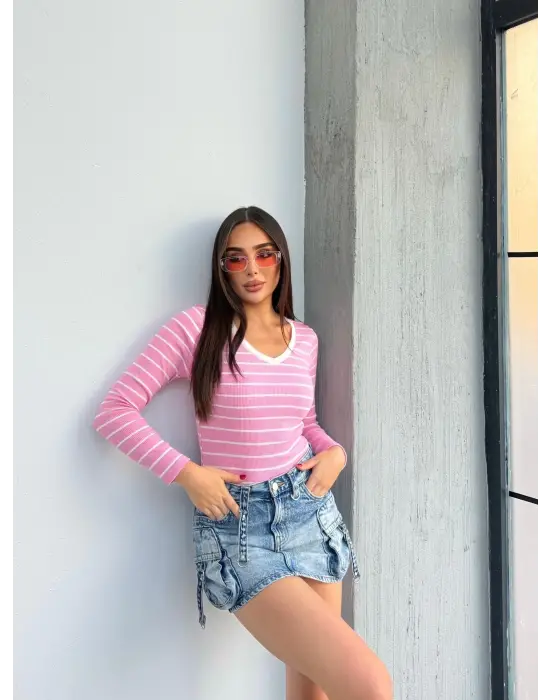 V Yaka Çizgili Bluz Pembe A3699