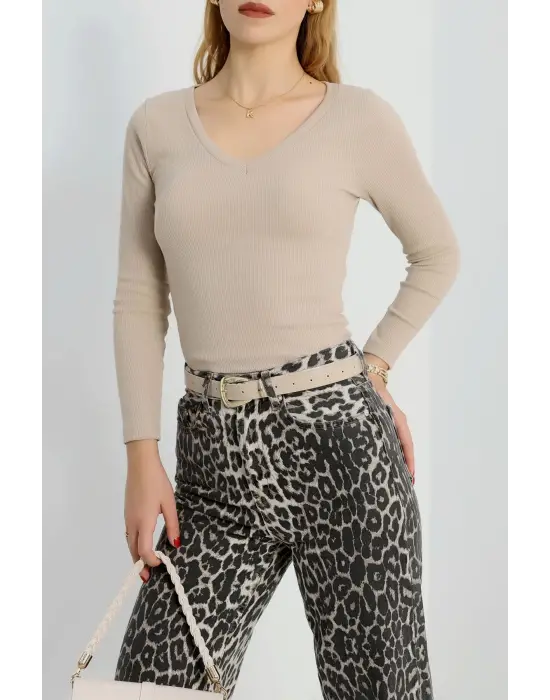 V Yaka Kaşkorse Bluz Bej A3699