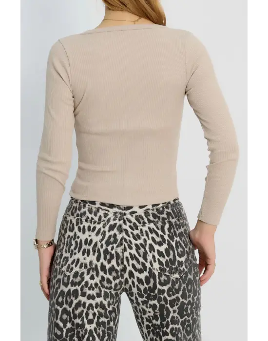 V Yaka Kaşkorse Bluz Bej A3699