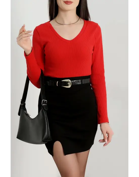 V Yaka Kaşkorse Bluz Kırmızı A3699