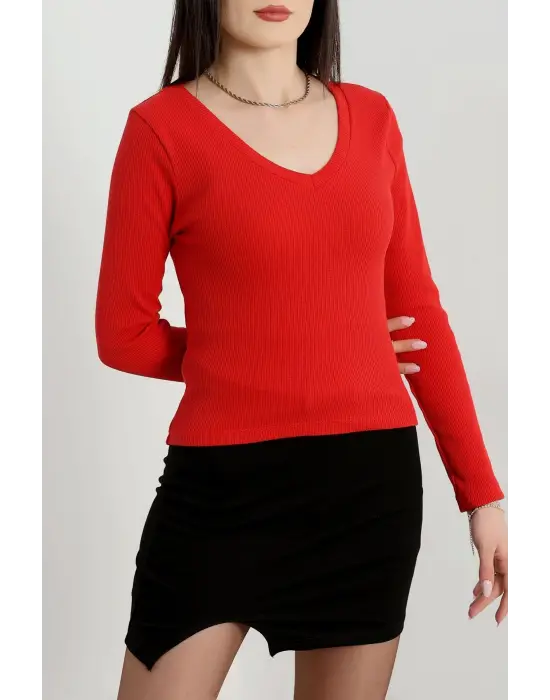 V Yaka Kaşkorse Bluz Kırmızı A3699