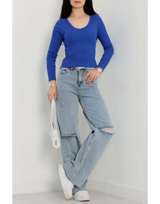 V Yaka Kaşkorse Bluz Saks Mavisi A3699