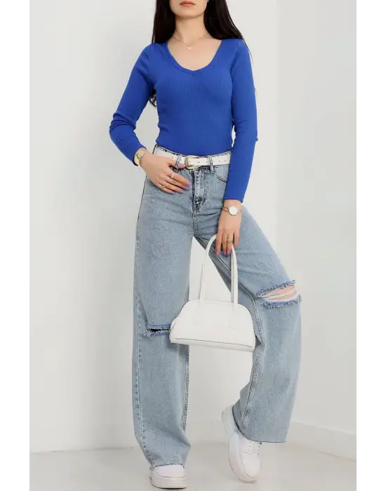 V Yaka Kaşkorse Bluz Saks Mavisi A3699