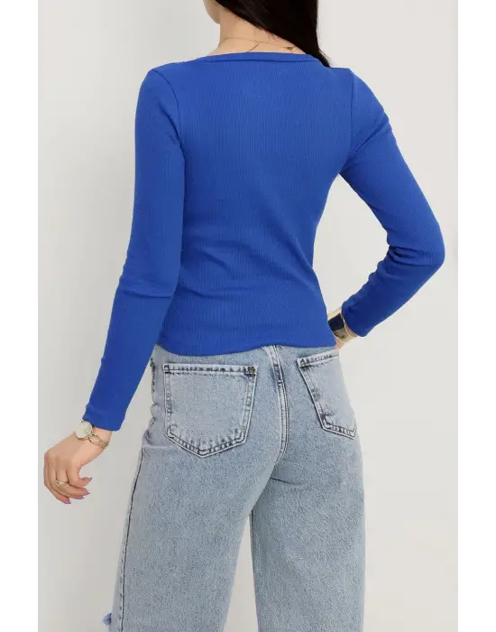 V Yaka Kaşkorse Bluz Saks Mavisi A3699