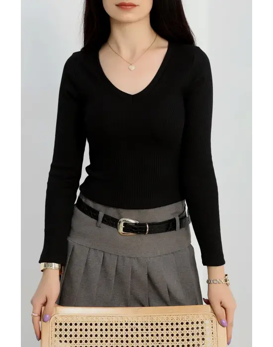 V Yaka Kaşkorse Bluz Siyah A3699