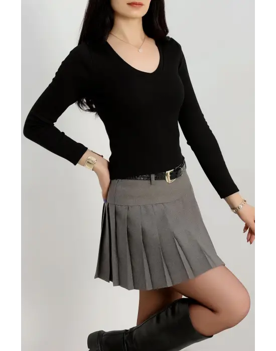 V Yaka Kaşkorse Bluz Siyah A3699