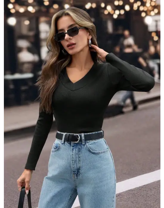 V Yaka Kaşkorse Bluz Siyah W3817