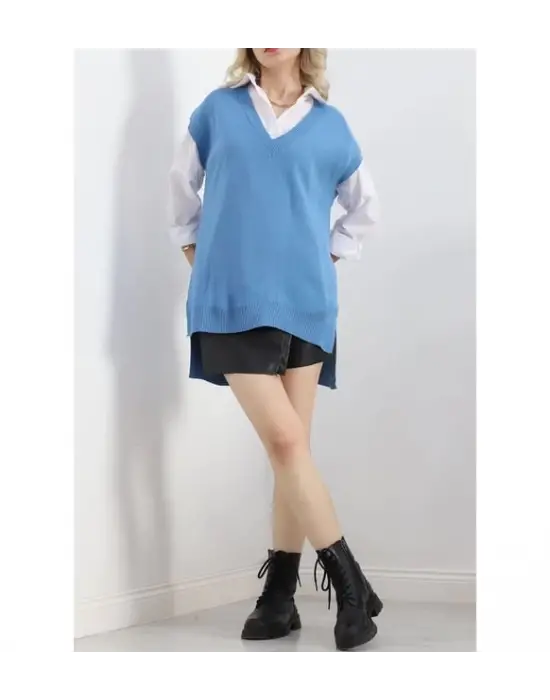 V Yaka Nefri Süveter Mavi