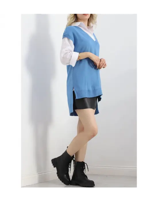 V Yaka Nefri Süveter Mavi