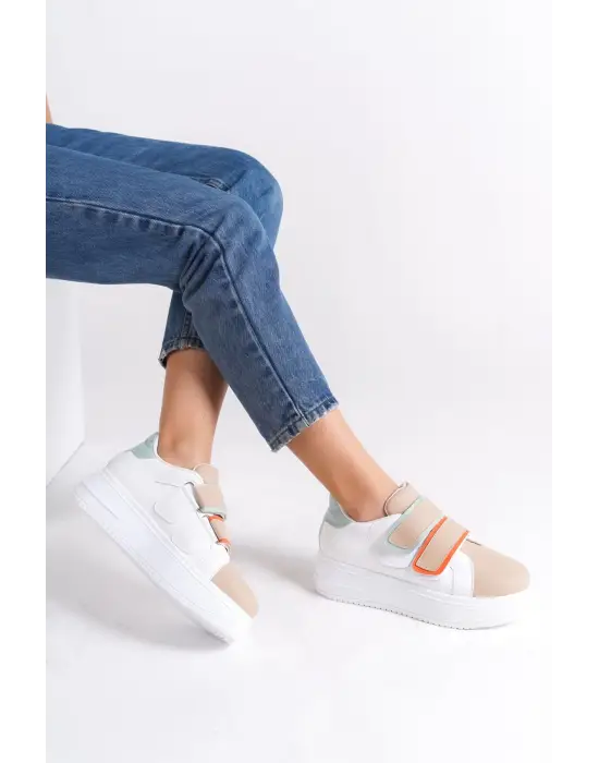 Valencıa Bağcıksız Cırt Cırtlı Ortopedik Taban Kadın Sneaker Spor Ayakkabı Bt - Beyaz/ten/mavi