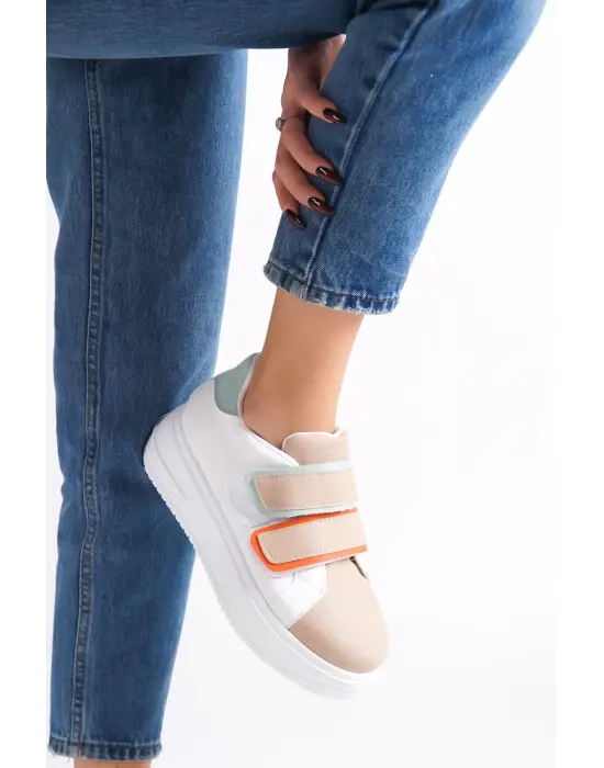 Valencıa Bağcıksız Cırt Cırtlı Ortopedik Taban Kadın Sneaker Spor Ayakkabı Bt - Beyaz/ten/mavi