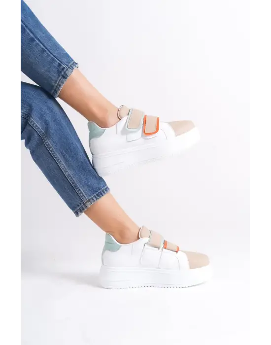 Valencıa Bağcıksız Cırt Cırtlı Ortopedik Taban Kadın Sneaker Spor Ayakkabı Bt - Beyaz/ten/mavi