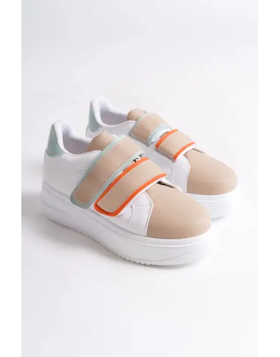 Valencıa Bağcıksız Cırt Cırtlı Ortopedik Taban Kadın Sneaker Spor Ayakkabı Bt - Beyaz/ten/mavi