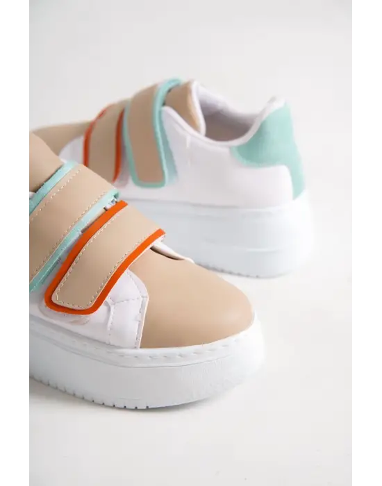 Valencıa Bağcıksız Cırt Cırtlı Ortopedik Taban Kadın Sneaker Spor Ayakkabı Bt - Beyaz/ten/mavi