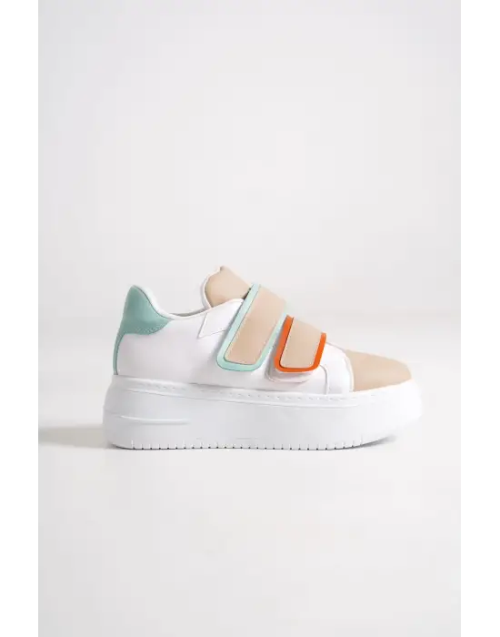 Valencıa Bağcıksız Cırt Cırtlı Ortopedik Taban Kadın Sneaker Spor Ayakkabı Bt - Beyaz/ten/mavi