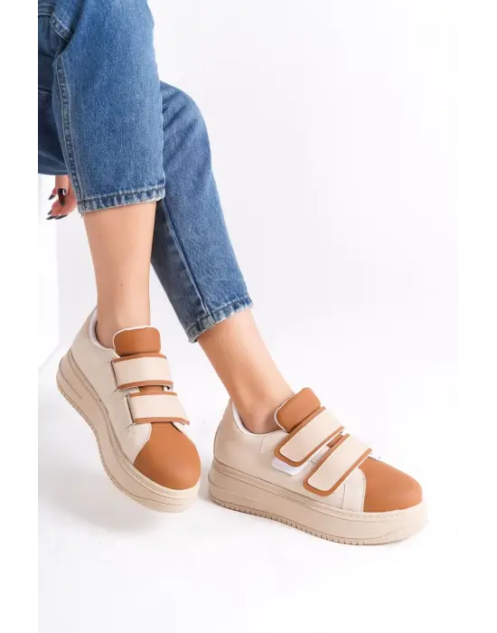 Valencıa Bağcıksız Cırt Cırtlı Ortopedik Taban Kadın Sneaker Spor Ayakkabı Tt - Ten/kahve