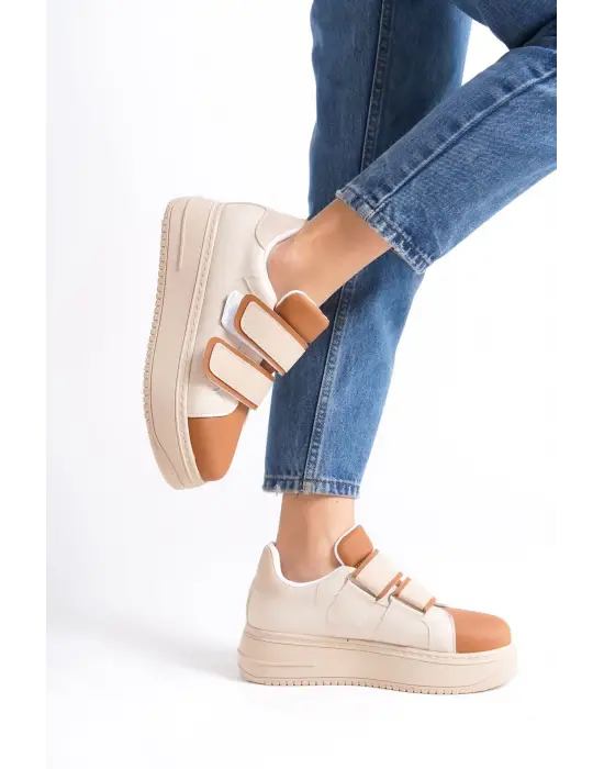 Valencıa Bağcıksız Cırt Cırtlı Ortopedik Taban Kadın Sneaker Spor Ayakkabı Tt - Ten/kahve