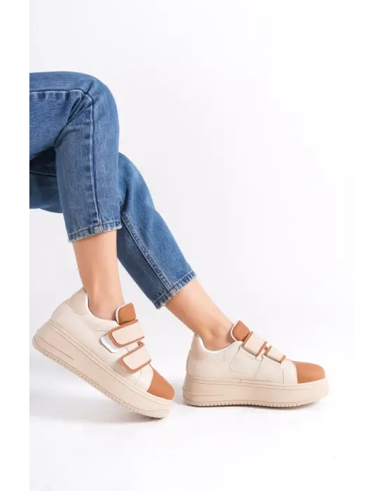 Valencıa Bağcıksız Cırt Cırtlı Ortopedik Taban Kadın Sneaker Spor Ayakkabı Tt - Ten/kahve