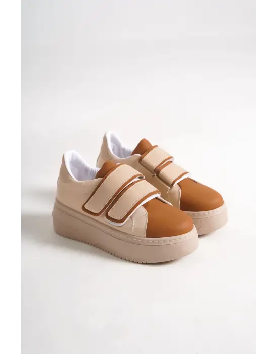 Valencıa Bağcıksız Cırt Cırtlı Ortopedik Taban Kadın Sneaker Spor Ayakkabı Tt - Ten/kahve