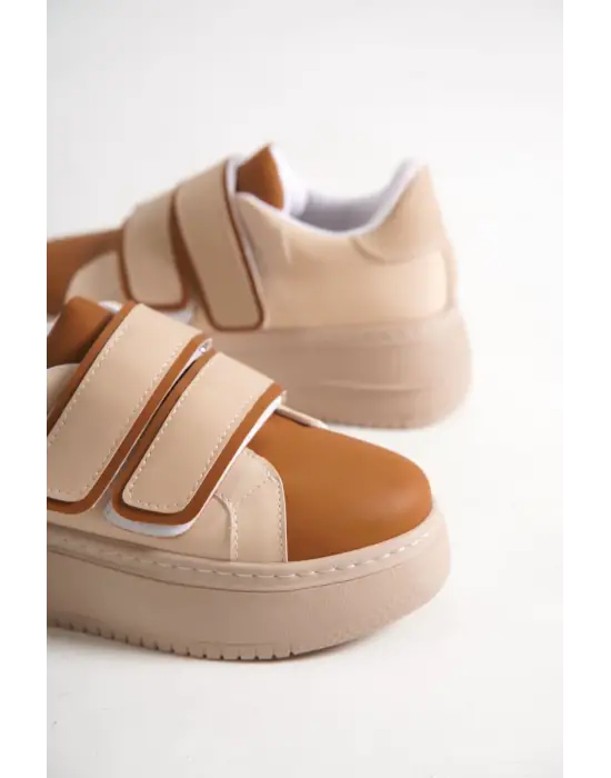 Valencıa Bağcıksız Cırt Cırtlı Ortopedik Taban Kadın Sneaker Spor Ayakkabı Tt - Ten/kahve