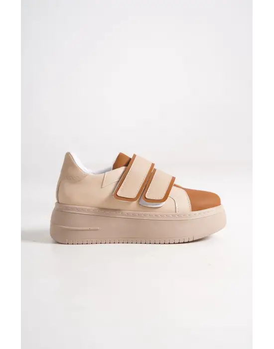 Valencıa Bağcıksız Cırt Cırtlı Ortopedik Taban Kadın Sneaker Spor Ayakkabı Tt - Ten/kahve