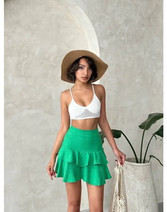 Valonlu Fırfırlı Etek Yeşil S24681