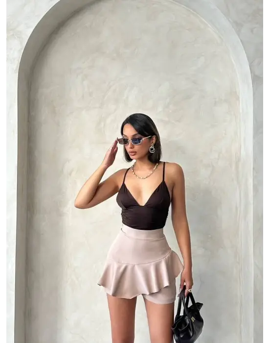 Valonlu Fırfırlı Şort Bej S24683