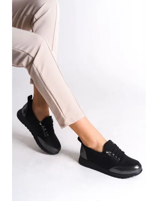 Vıolet Bağcıklı Lastikli Ortopedik Rahat Taban Cilt Detaylı Klasik Kadın Babet Anne Ayakkabısı  St - Siyah/gri