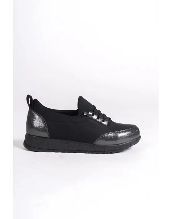 Vıolet Bağcıklı Lastikli Ortopedik Rahat Taban Cilt Detaylı Klasik Kadın Babet Anne Ayakkabısı  St - Siyah/gri