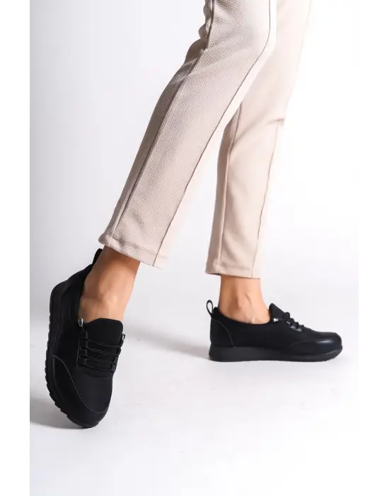Vıolet Bağcıklı Lastikli Ortopedik Rahat Taban Cilt Detaylı Klasik Kadın Babet Anne Ayakkabısı St - Siyah