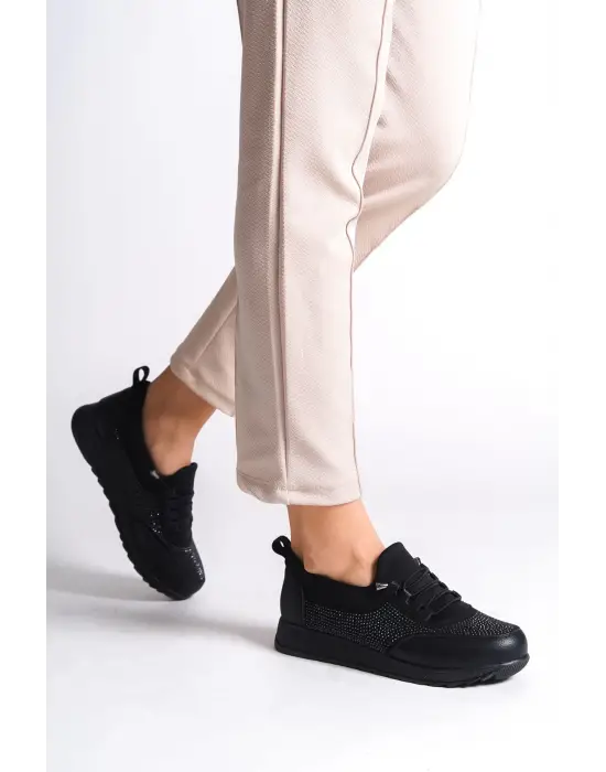 Vıolet Bağcıklı Lastikli Ortopedik Rahat Taban Taş Detaylı Klasik Kadın Babet Anne Ayakkabısı  St - Siyah